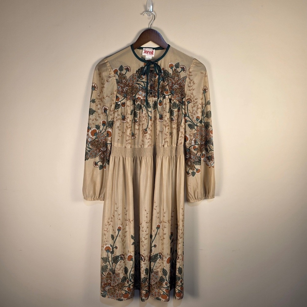 Vintage 70s Jerell of Texas Midi Dress Womens 5 Floral Boho 70s Smocked Waist